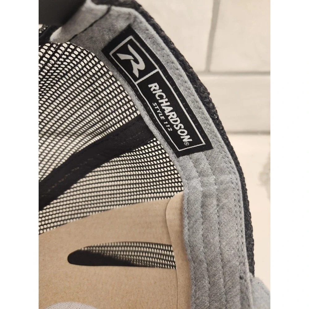 Richardson 112 Pig Square Leather Patch Trucker Hat Gray‎ Black Adjustable Snap
